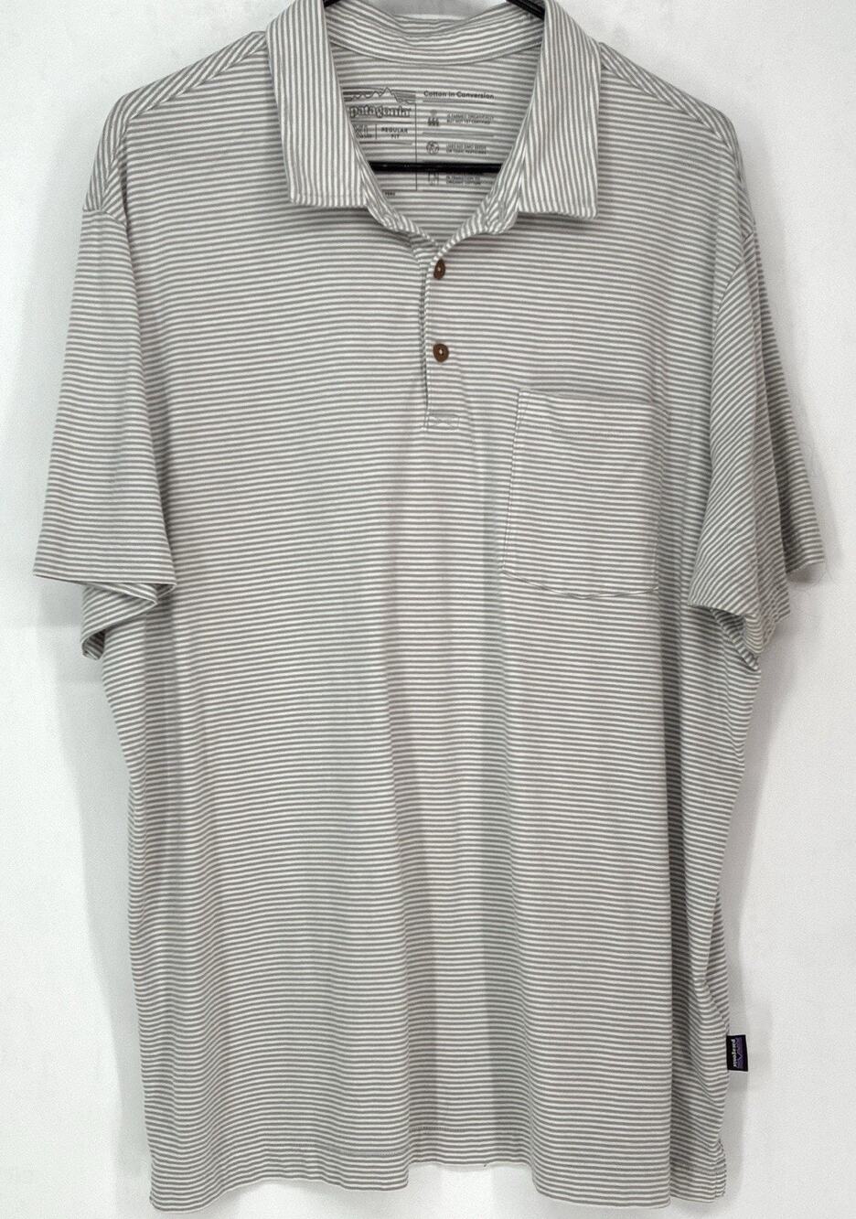 Patagonia Cotton In Conversion Polo Shirt Gray Wht Stripe Pocket XL Regular Fit